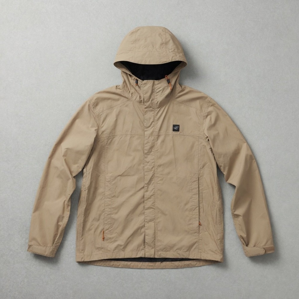 Dutch Bros Coffee Men Jacket XL Beige Rain Coat Logo Full Zip Hooded Windbreaker